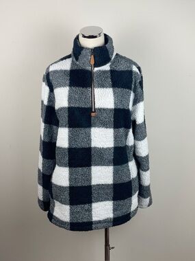 Heathmoor Black White Check Plaid Flannel Quarter Zip Faux Fur Pullover Women